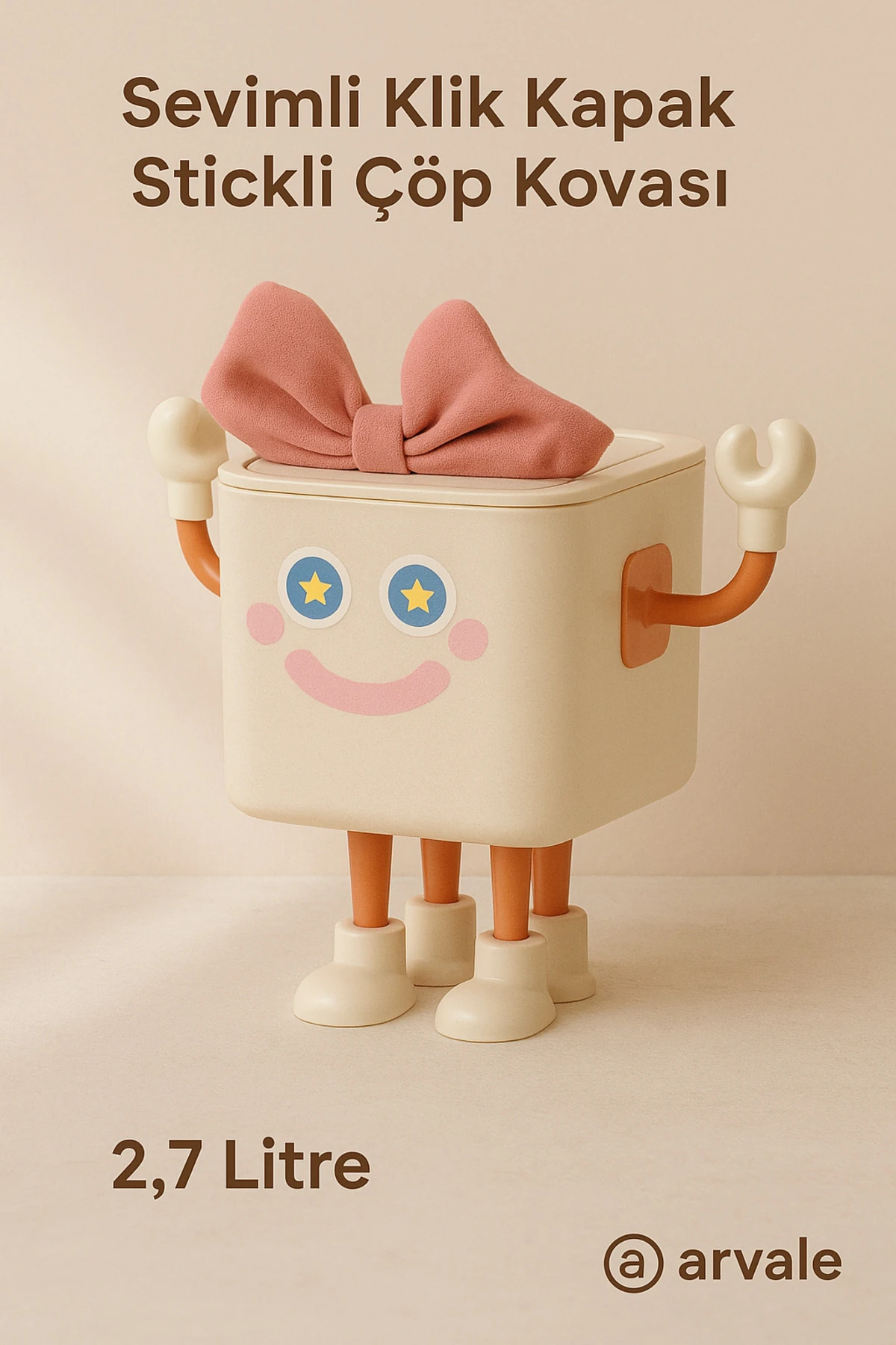 Sevimli Klik Kapak Çöp Kovası 2,7 Litre | Kurdele Tasarımlı