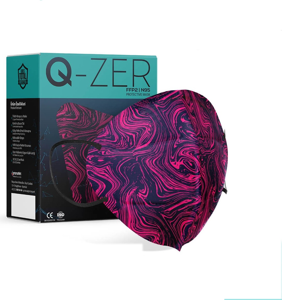 Qzer Fuşya Desenli Ffp2 N95 Maske Meltblown Katmanlı
