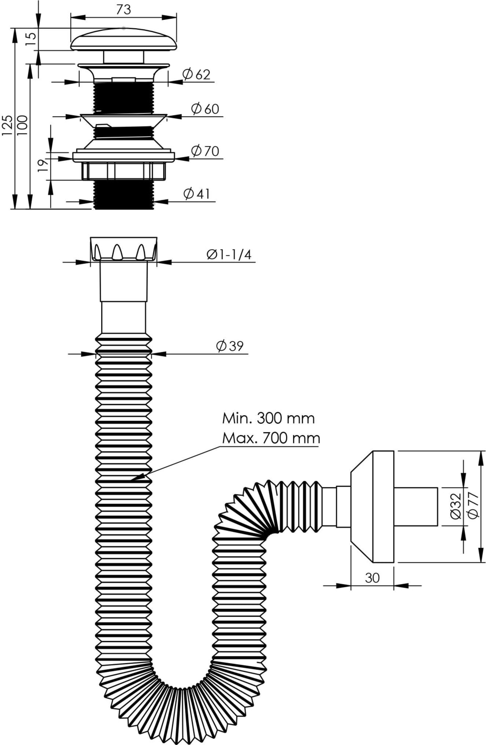 Pop-Up Sifon Parlak Krom Başlıklı Taşma Deliksiz (1 -1/4) Pis Su Çıkış Borusu Dahil - Set 2 Parça