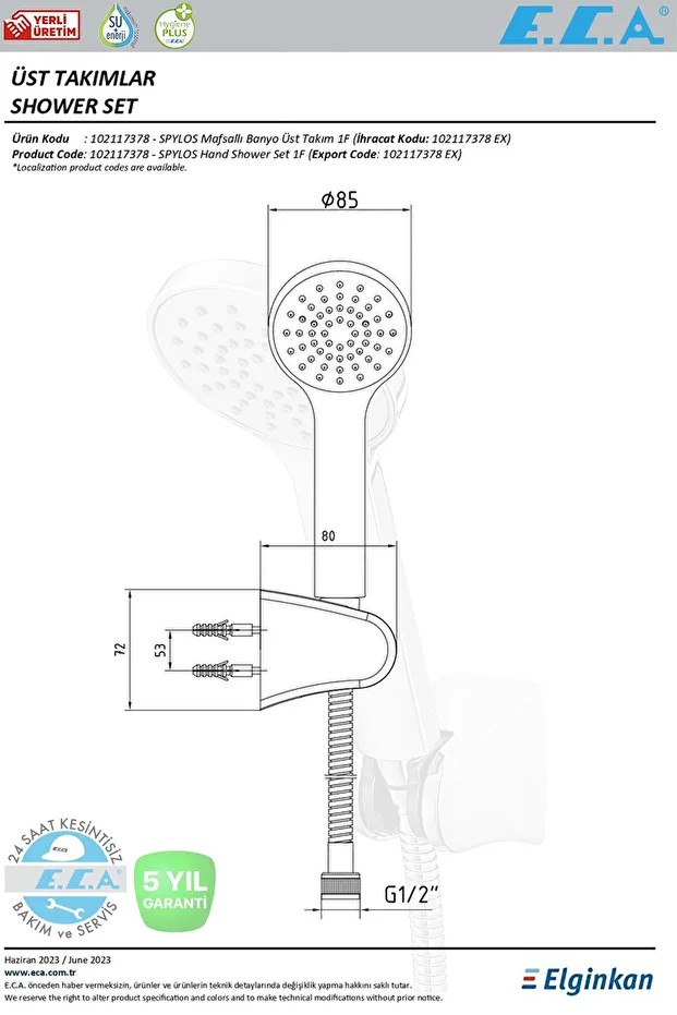 Spylos Banyo Duş Başlığı Tek Fonksiyonlu Mafsallı Banyo Üst Takım 102117378