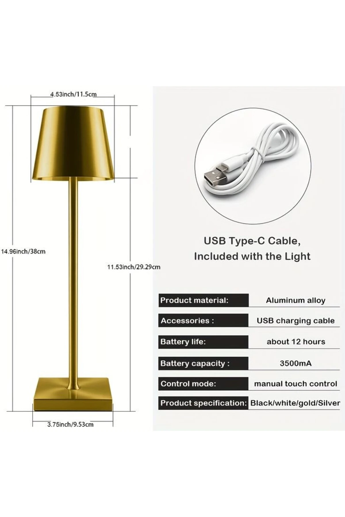 Masa Lambası Gold Renk Tek Anahtarla Dokunmatik 3 Renk Yanma Modlu Dimmerli
