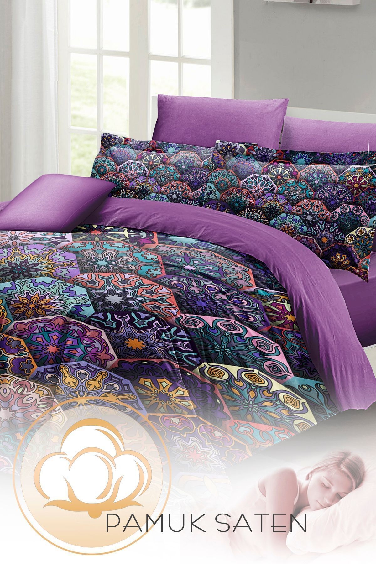 Nevresim Takımı %100 Doğal Pamuk Çift Kişilik 3d Digital Ethnic Purple