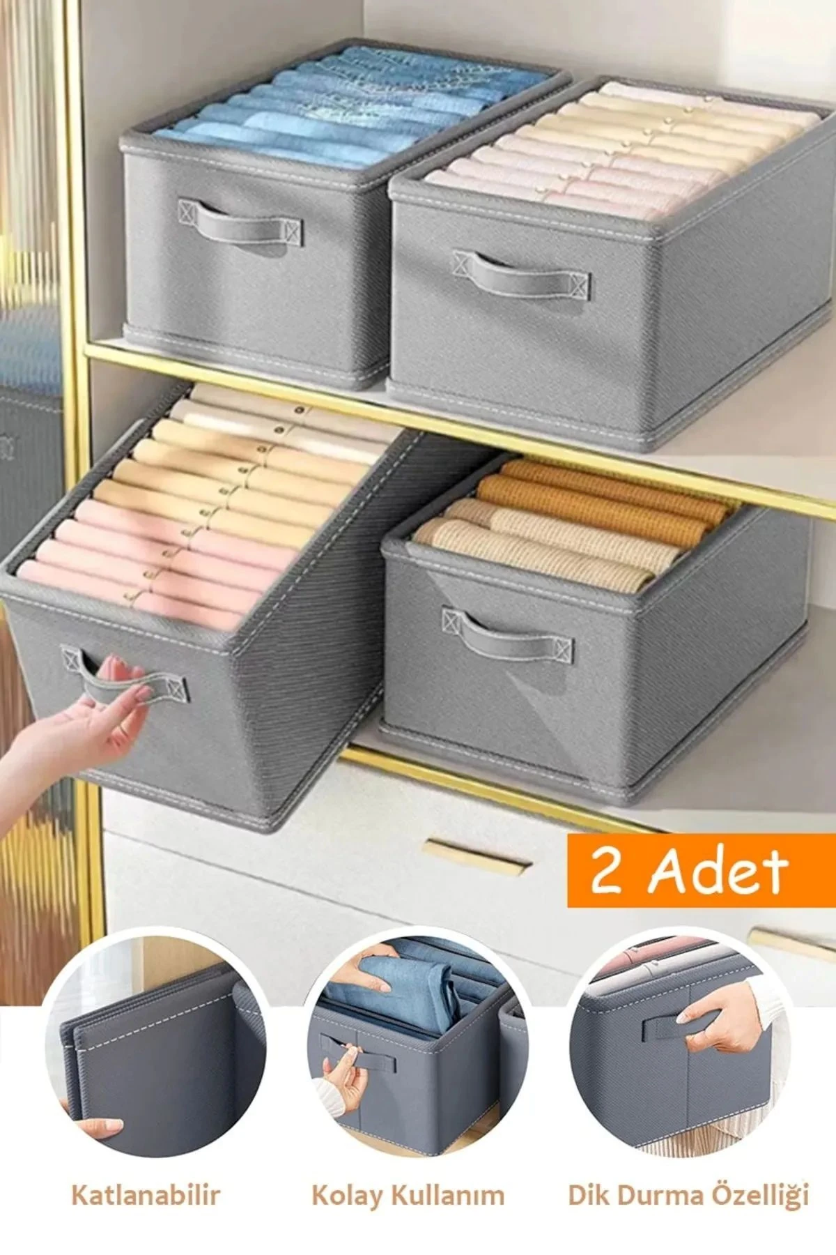 2 Adet Üst Kalite Dolap Içi Düzenleyici, Katlanabilir Kıyafet Saklama Kutusu-45 Cmx25 Cmx20cm.