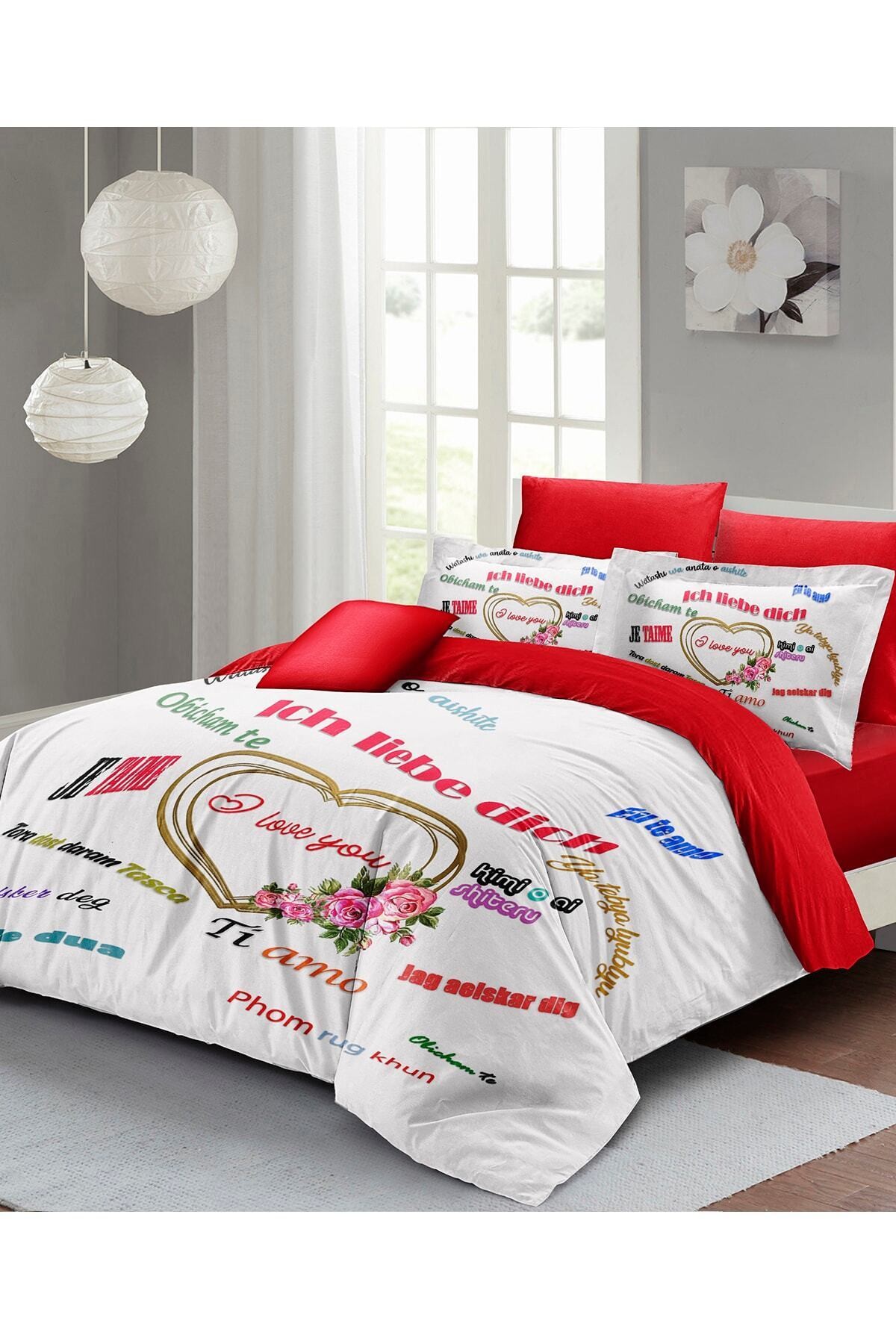 Kıng Sıze Sevgililer Günü Çift Kişilik Nevresim Takımı%100 Pamuk Saten Her Dilde Aşk 220x240cm