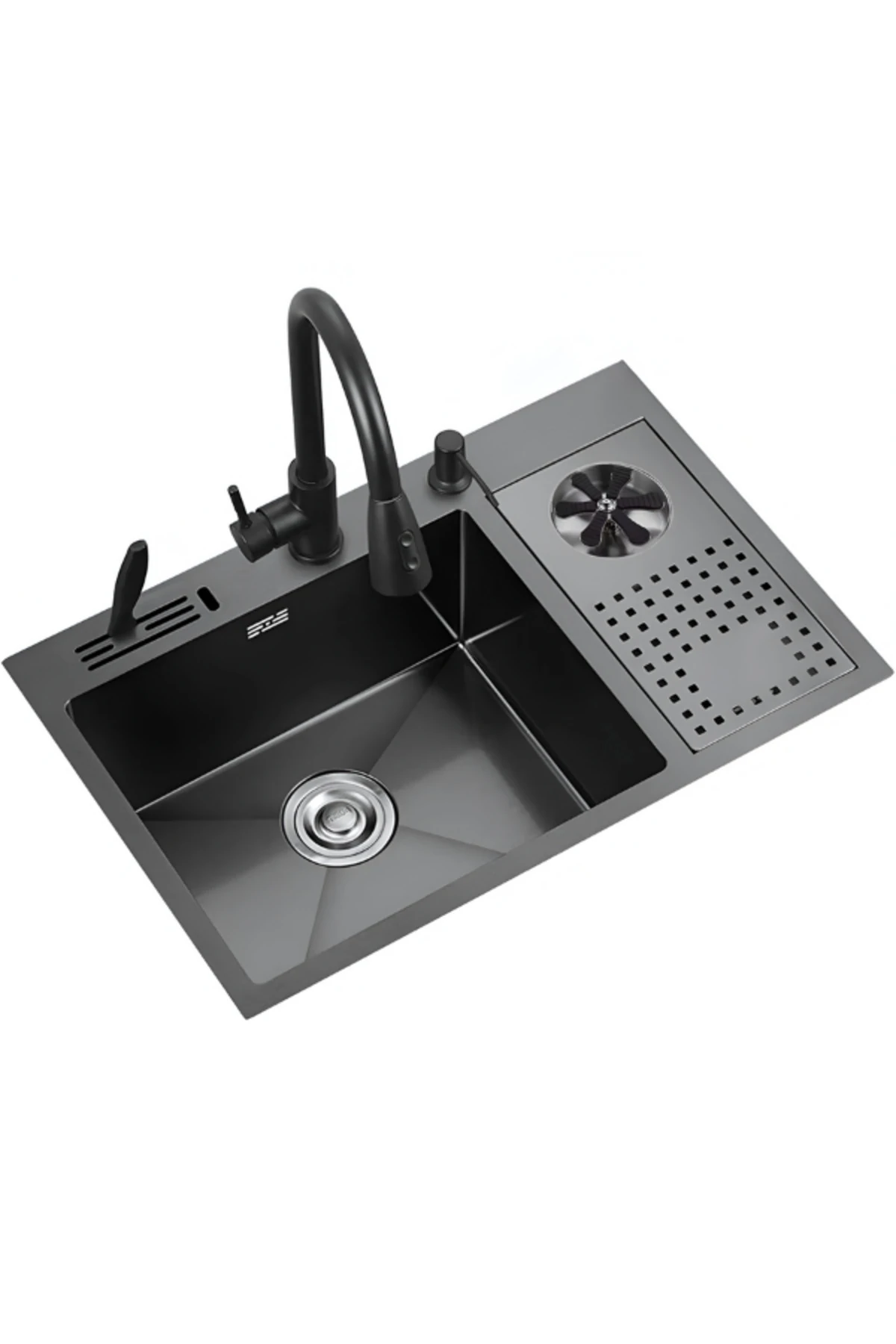 Moderno Paslanmaz Çelik Bardak Yıkamalı Akıllı Mutfak Evyesi Bal Peteği Yüzey Siyah 68x45cm Eviye