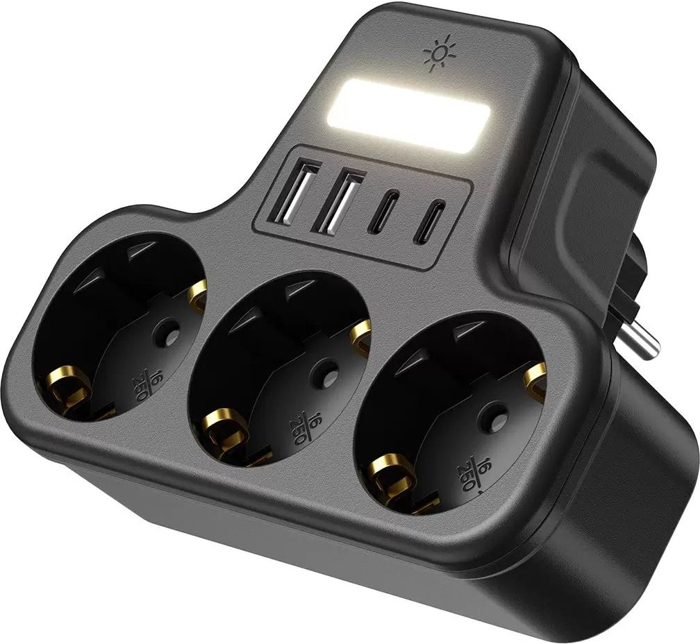 Çoklu Gece Lambalı Priz Yüksek Gerilim Korumalı 3'lü Priz 2x USB 2x Type-C Çıkışlı Grup Priz Çoğaltıcı