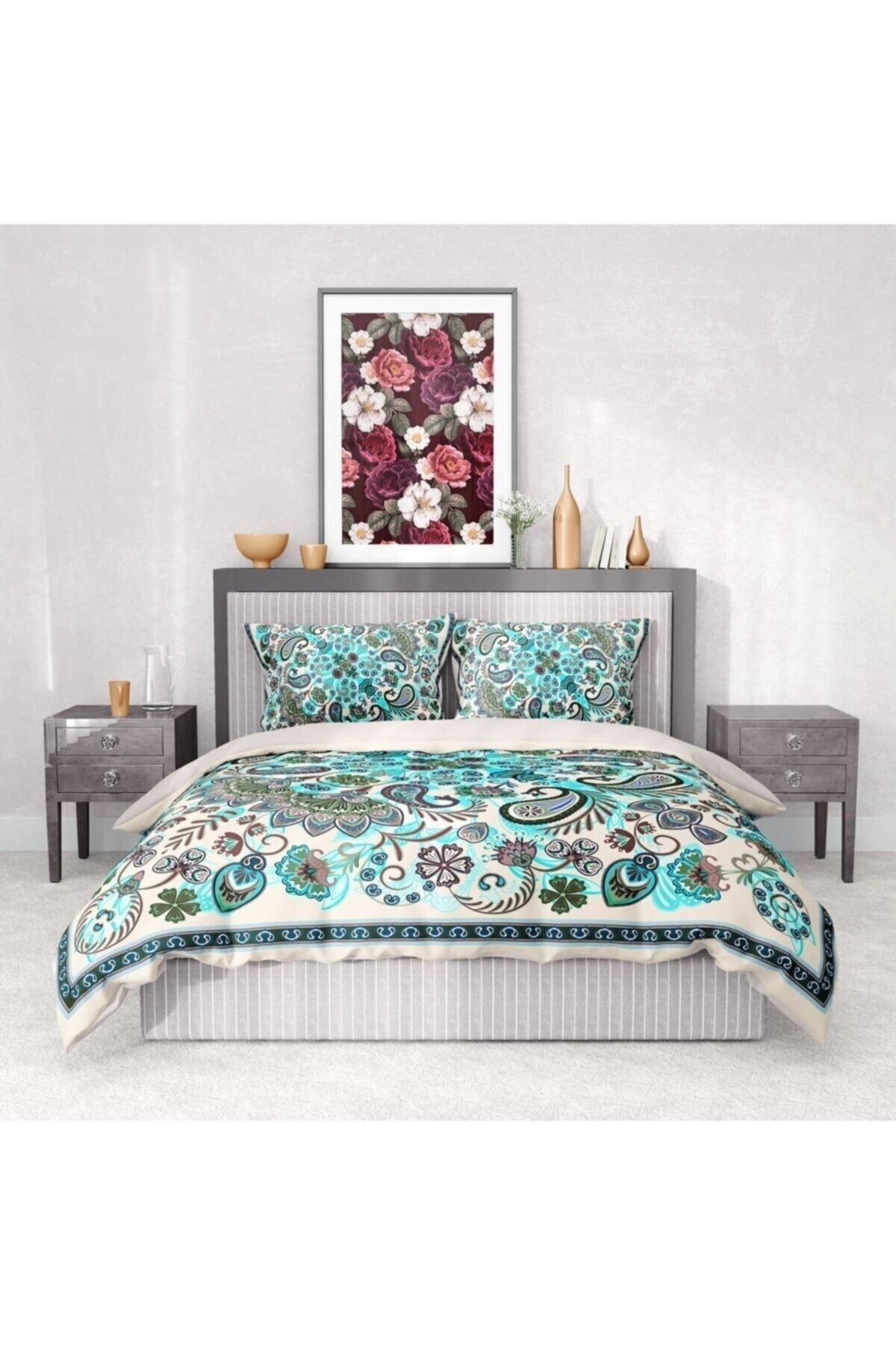 %100 Pamuk Saten Nevresim Takımı Lastikli Çarşaf Deluxe Çift Kişilik 3d Blue