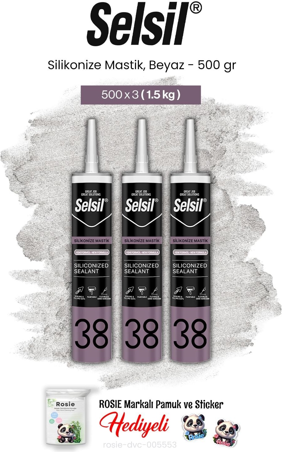 3'lü Silikonize Mastik, 500 Gr, Beyaz ve Rosie Pamuk