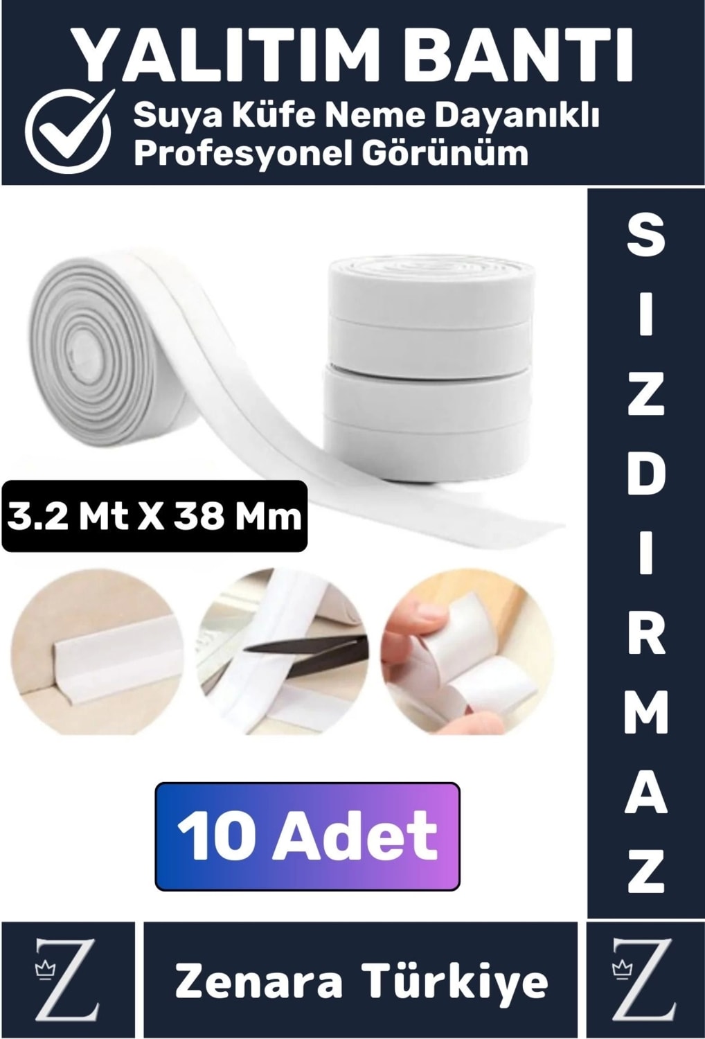 OZKUVVET Premium Uzun Ömürlü Su Nem Küfe Dayanıklı Mutfak Lavabo Pencere Kenar Yalıtım Bandı 3.2 mt x 10 Adet