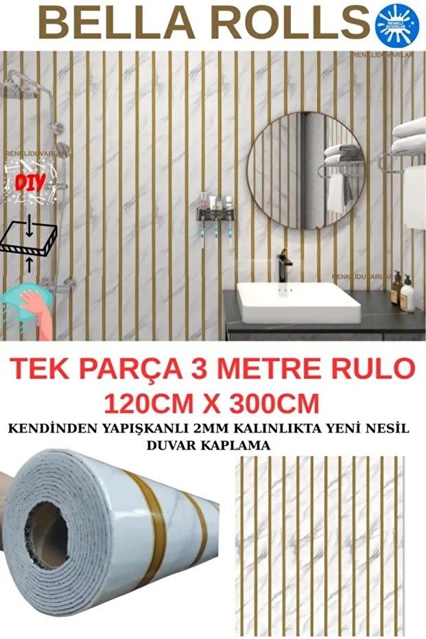 120cmx300cm Tek Parça Yapışkanlı Rulo Gold Çizgili Mermer Desenli Duvar Paneli Kağıdı Tuzla Qm0136