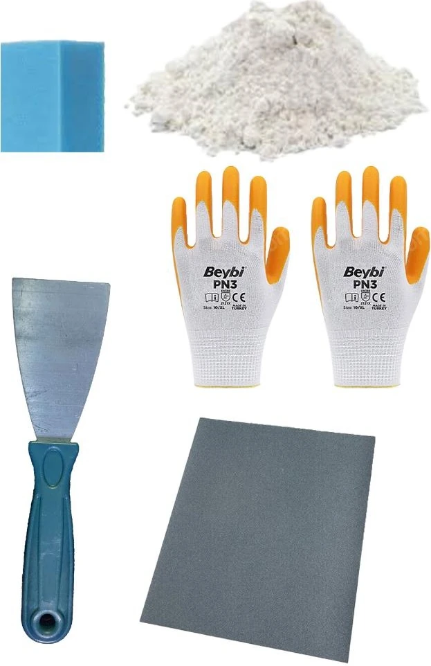 Duvar Tamir Seti 1 kg Sıva Alçısı, Spatula, Zımpara, Sıva Süngeri, Eldiven 5 Parça Set