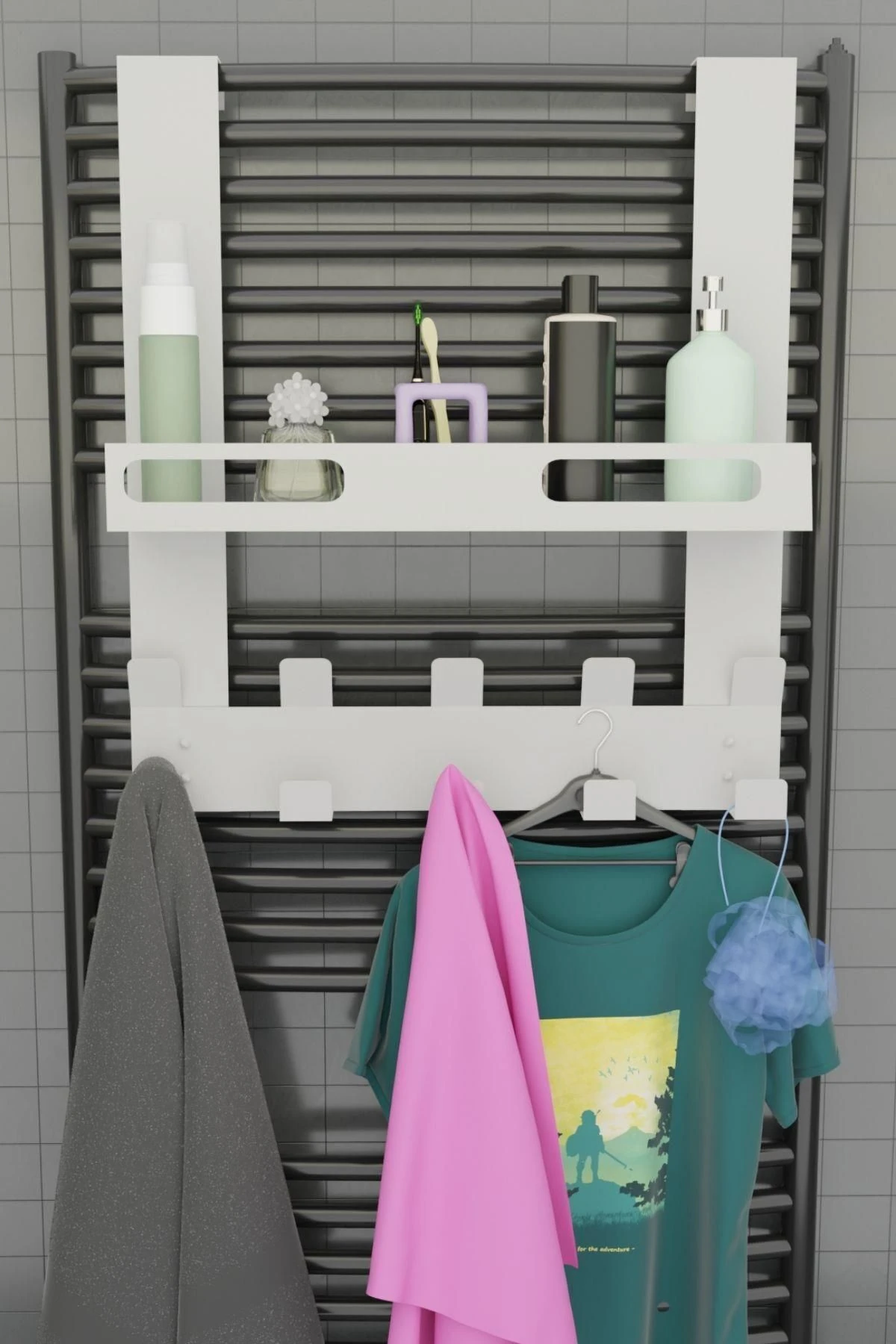 Beyaz Raflı Havlupan Askısı Banyo Petek Askısı ve Raflı Havlu Askılığı, Banyo Peteği Askılığı MT105B