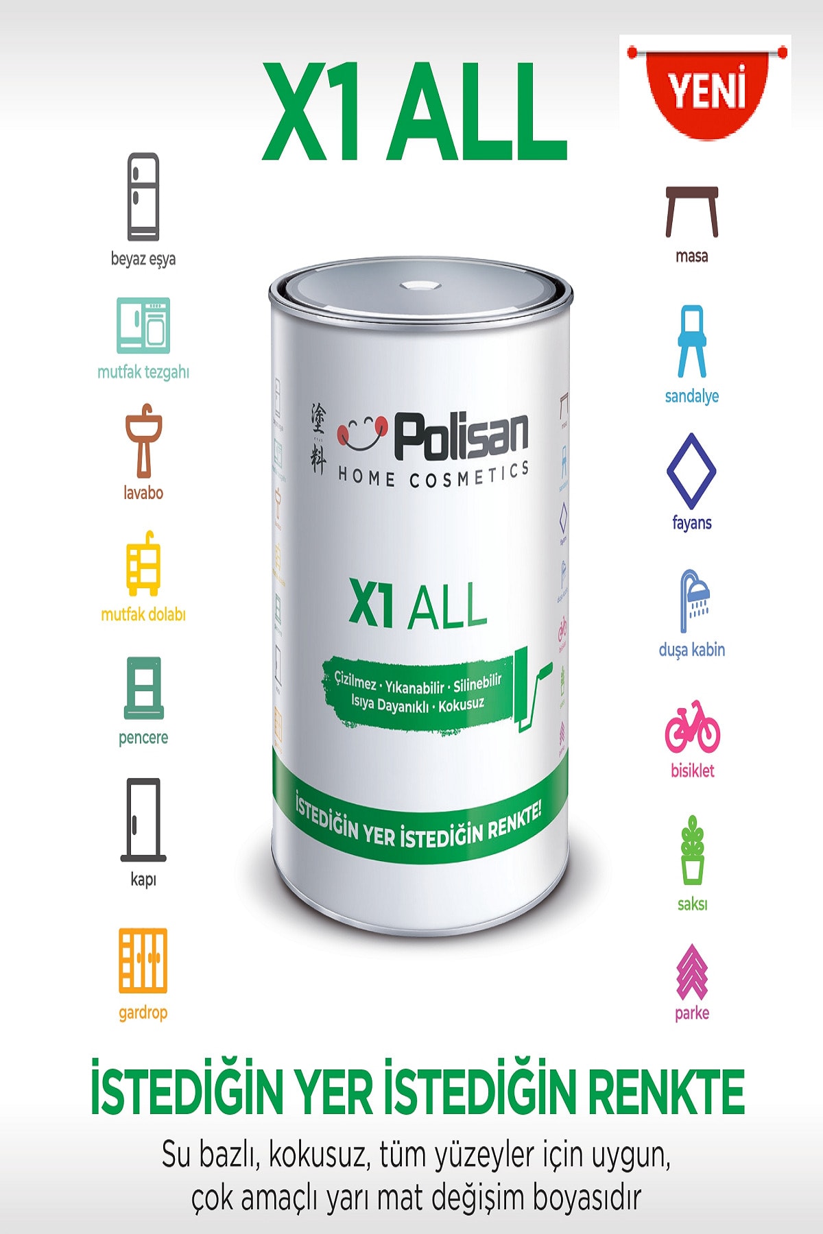 POLİSAN X1 ALL  Yeni Nesil Dönüşüm Boyası Beyaz - Dolap-fayans-cam-plastik-ahşap-duvar