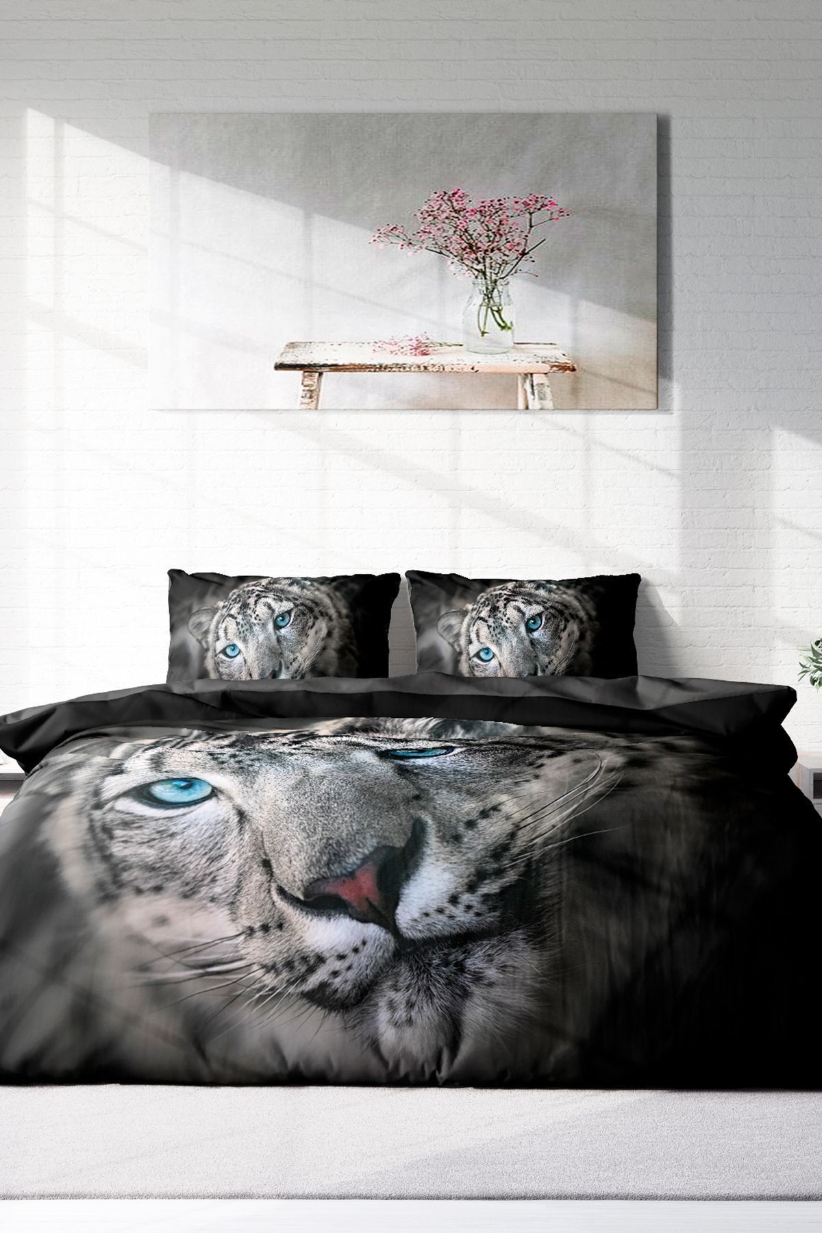 Leopar Lastikli Çarşaflı %100 Pamuk Saten Çift Kişilik Nevresim Takımı Blue Leopard