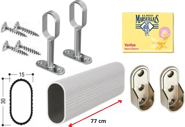 Dolap Içi Askılık Borusu Alüminyum Oval 77 Cm + 2 Adet Oval Ayaklı Flanş + 2 Adet Oval Sabit Flanş + Montaj Vidaları Set