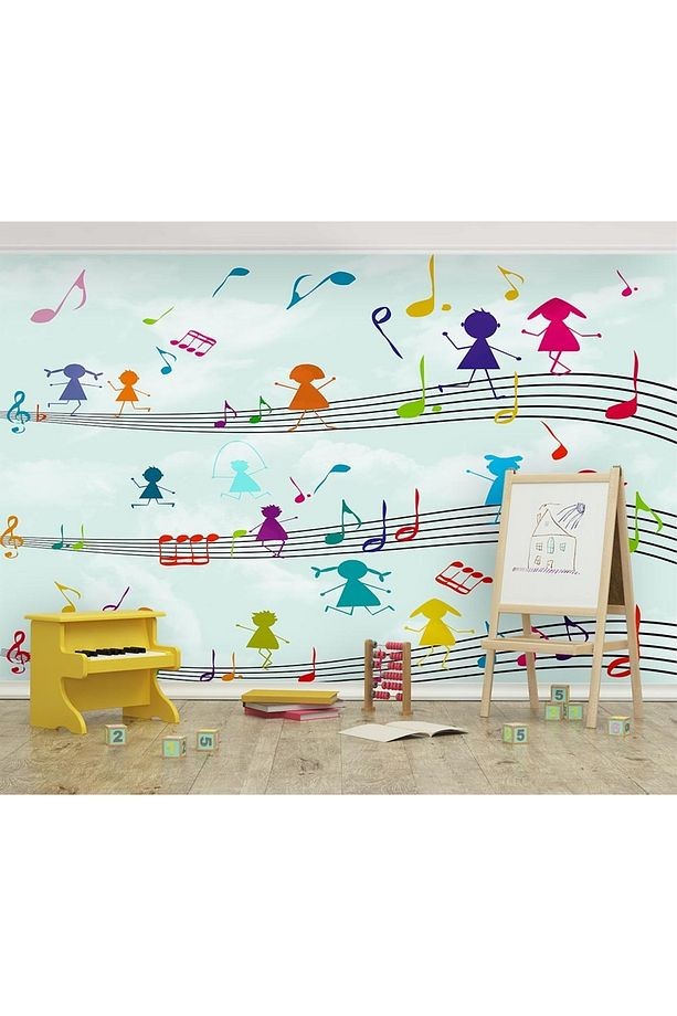 Müzik Notaları ve Eğlenen Çocuklar Çocuk odası Kendinden Yapışkanlı Duvar Folyosu