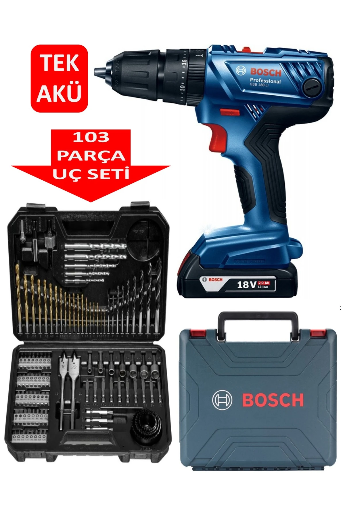 Darbeli Matkap Şarjlı Matkap (Tek Akülü) Akülü Vidalama +  103 Parça Delme + Vidalama Ucu