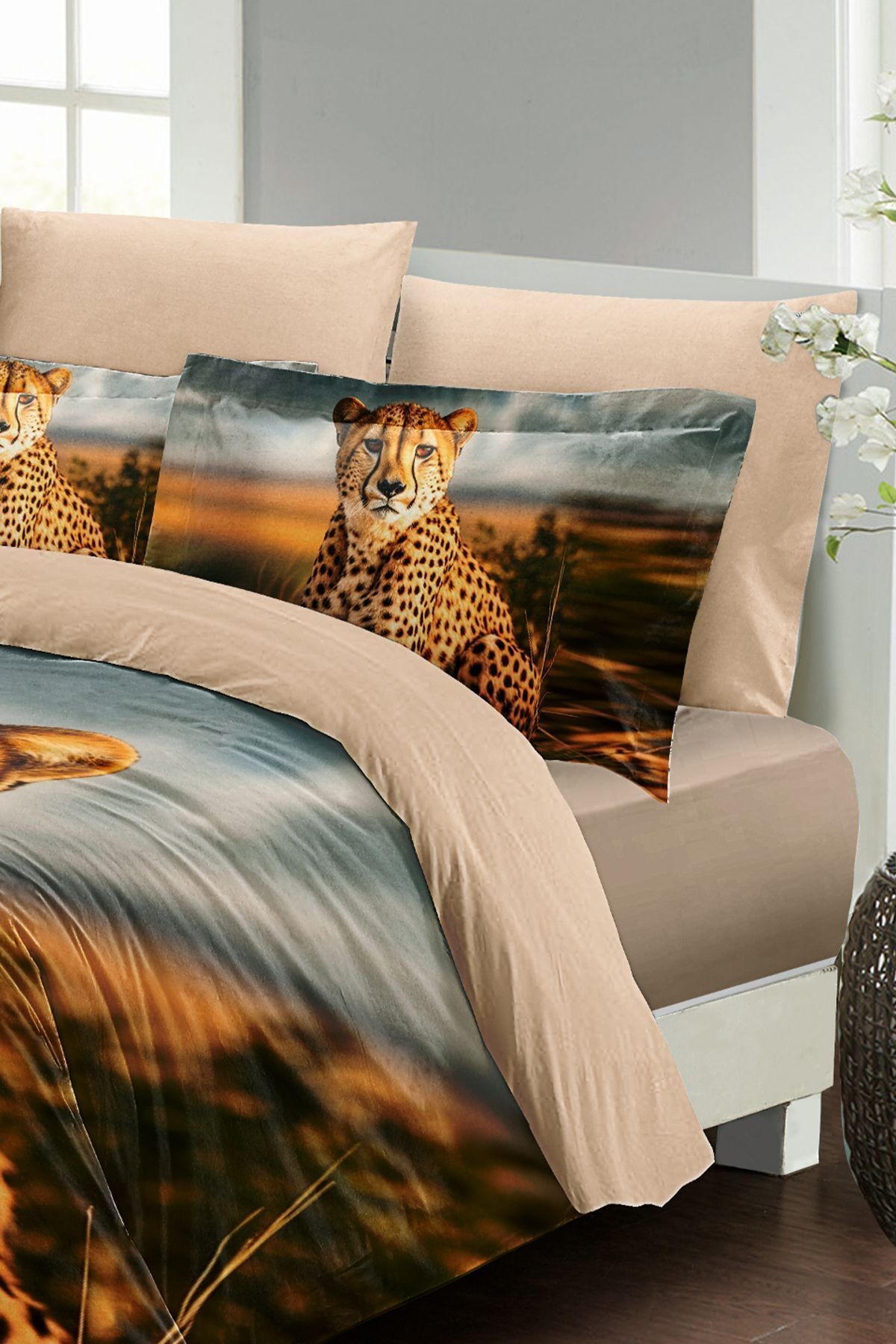 Leopar Lastikli Çarşaflı %100 Pamuk Saten Çift Kişilik Nevresim Takımı Cheetah