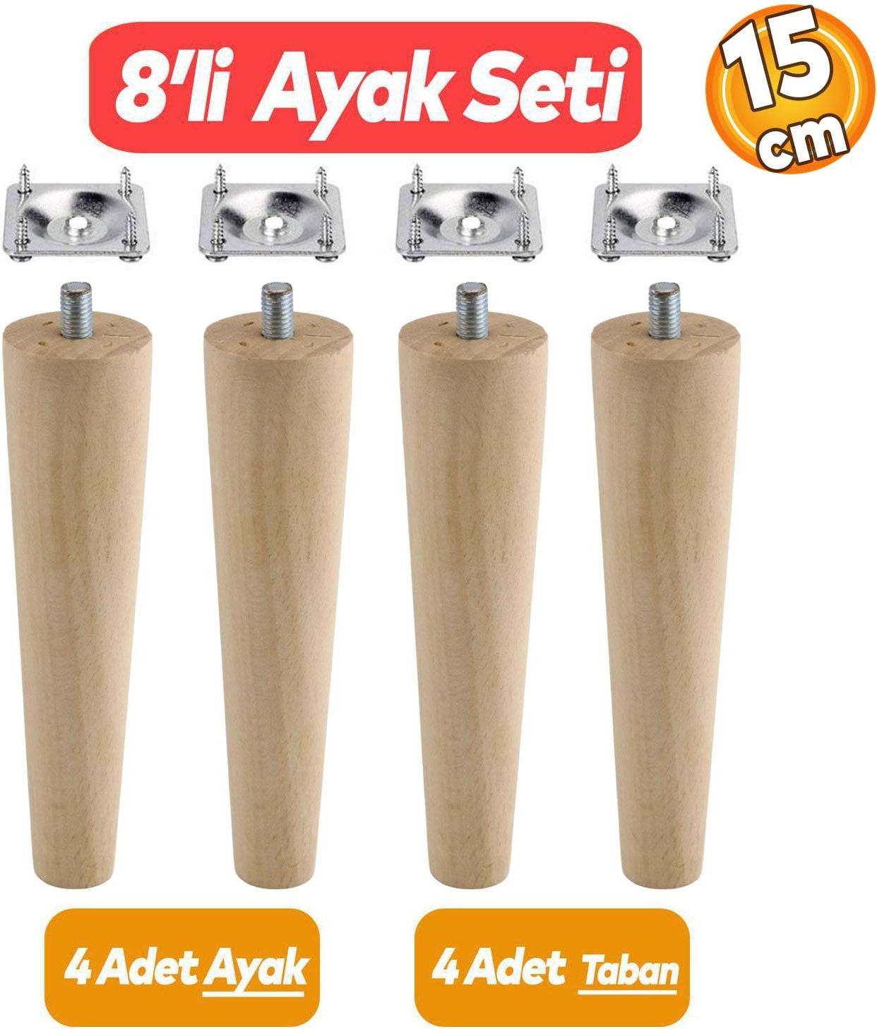 Ahşap (15 CM) Mobilya Koltuk Kanepe Ayağı Ayakları M8 Civatalı Bağlantı Aparatlı 4'lü Set