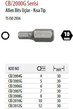 H10 10 x 30MM Allen Bits Uç CB/2010G (1 Adet )