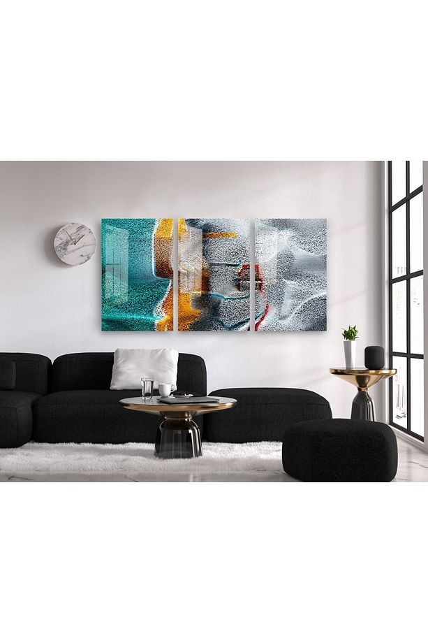 Gri Sarı Ve Yeşil Kum Taneleri 3lü Soyut Cam Tablo, Duvar Dekor, Büyük Tablo, Cam Duvar Tablo