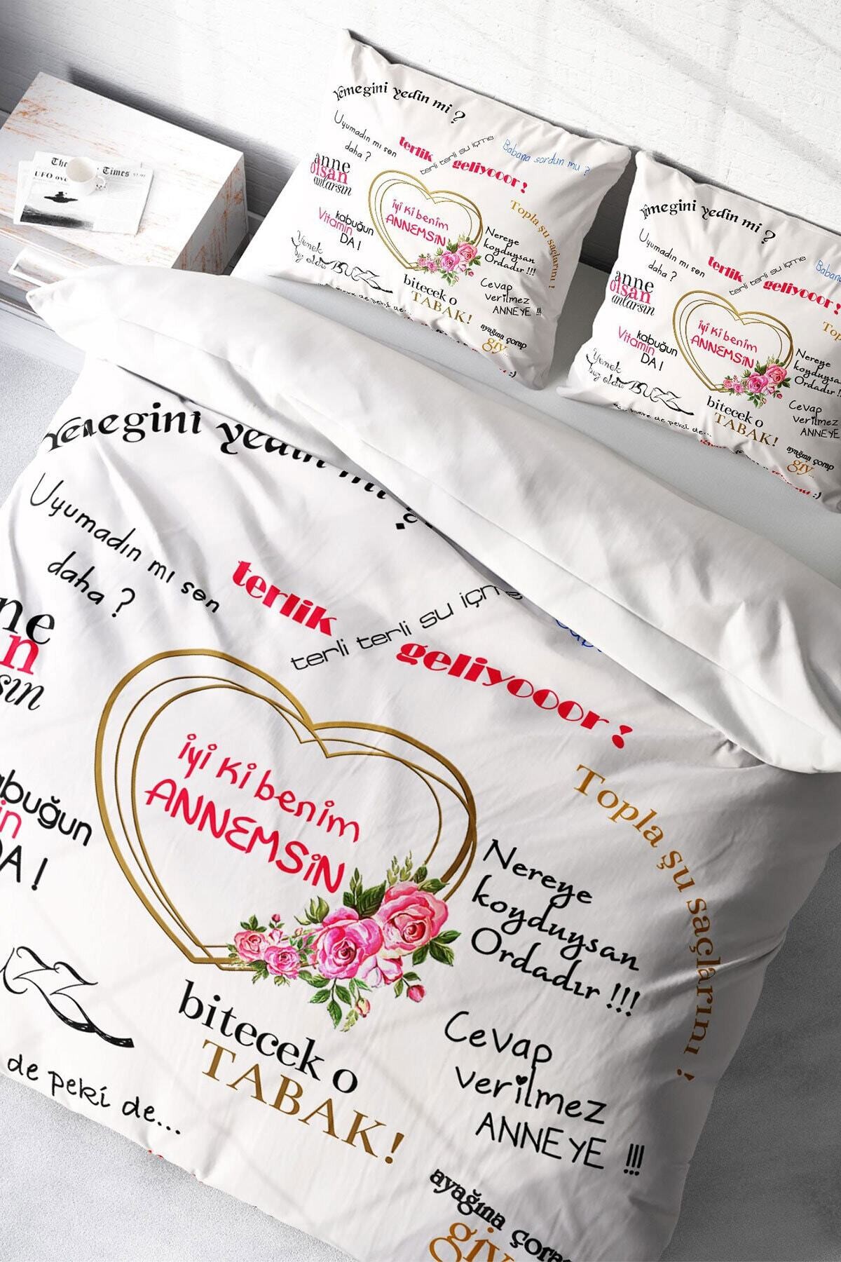 Kıng Sıze Anneler Günü Çift Kişilik Nevresim Takımı %100 Pamuk Saten Iyi Ki Benim Annemsin 220x240cm