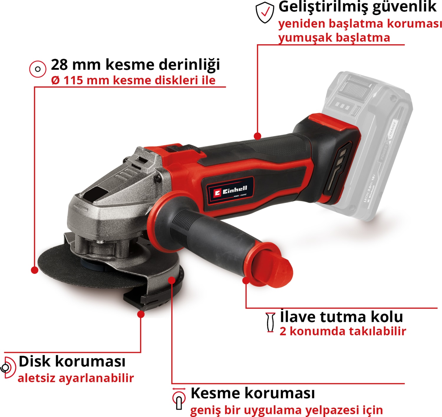 Akülü Avuç Taşlama TE-AG 18/115-2 Li - Solo Power X-Change (18 V, 115 mm Ø disk, 28 mm kesme derinliği, yumuşak başlatma özelliği, kesme koruması) - 4431166