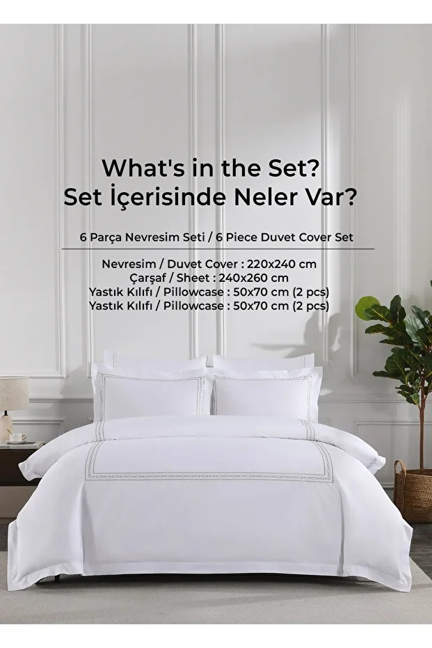 300 Tc King %100 Pamuk Saten Nakışlı Nevresim Seti Battal Çift Kişilik 6 Parça Krem Kırık Beyaz Myst