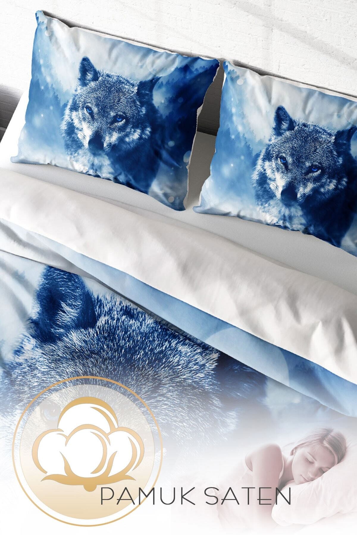 Kıng Sıze Lonely Wolf Naturel Çift Kişilik Nevresim Takımı 220x240cm