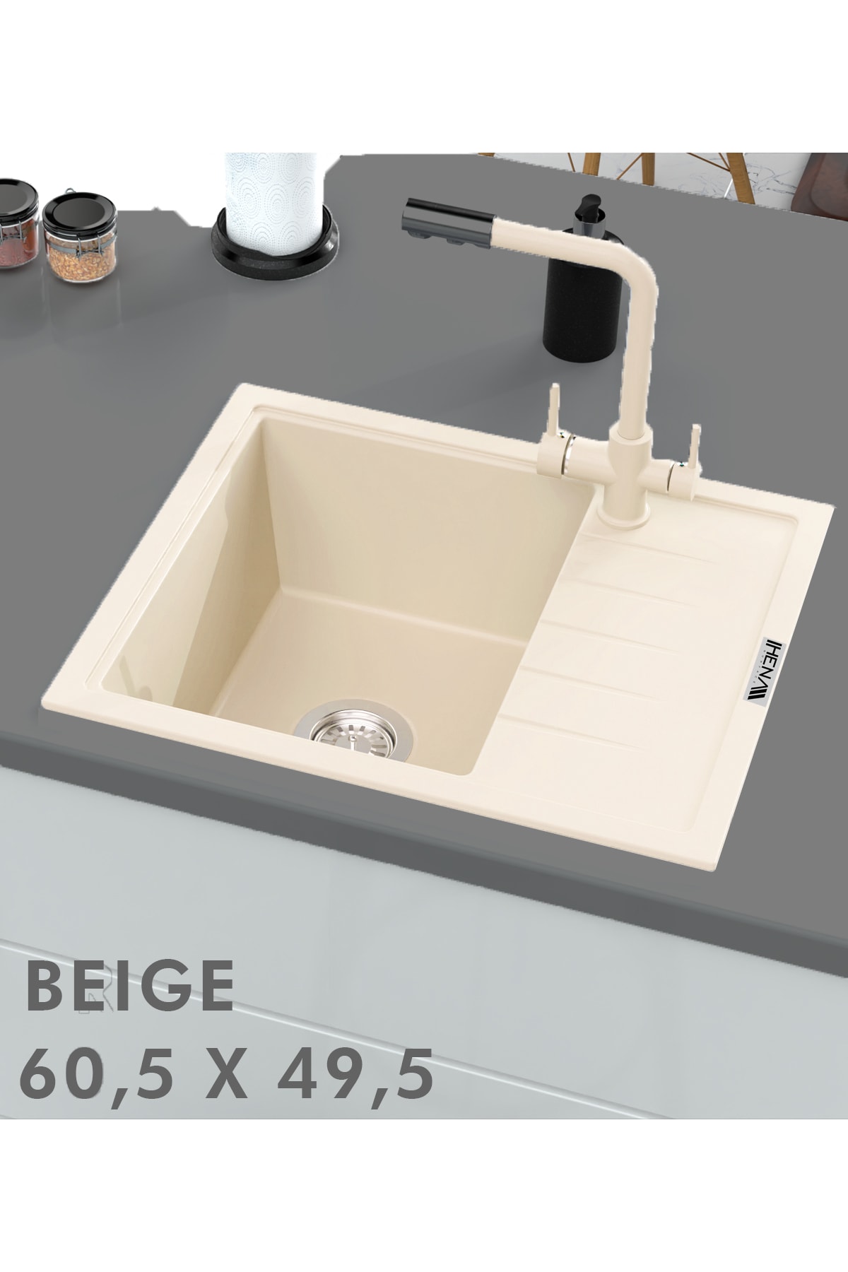 Granit Eviye 1 Gözlü Damlalıklı Bej 60x50 Granit Evye Kuvars