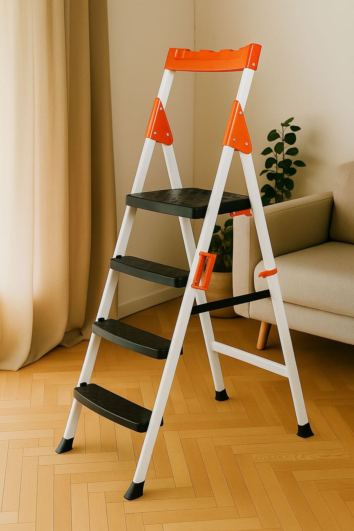 Dayanıklı Metal Merdiven 3+1 Beyaz Geniş Basamaklı Ev Ve Iş Merdiven