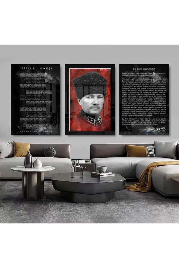 3 LÜ ATATÜRK KÖŞESİ İSTİKLAL MARŞI, ATATÜRK, GENÇLİĞE HİTABE SET TABLO TASARIMI KIRILMAZ CAM TABLO