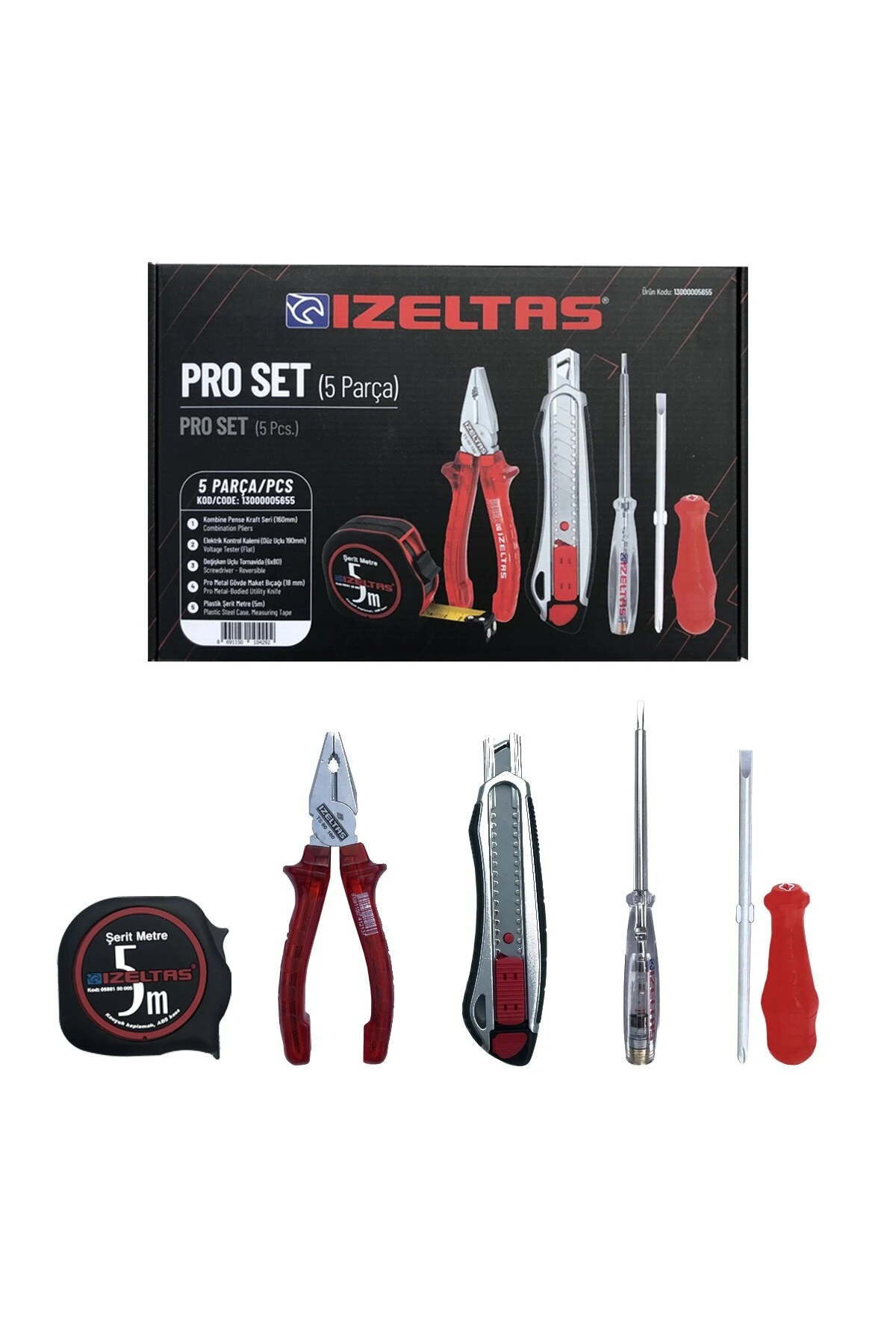 5'li Pro Set 5 Parça Kraft Pense 160mm Kontrol Kalemi Tornavida Maket Bıçağı Şerit Metre