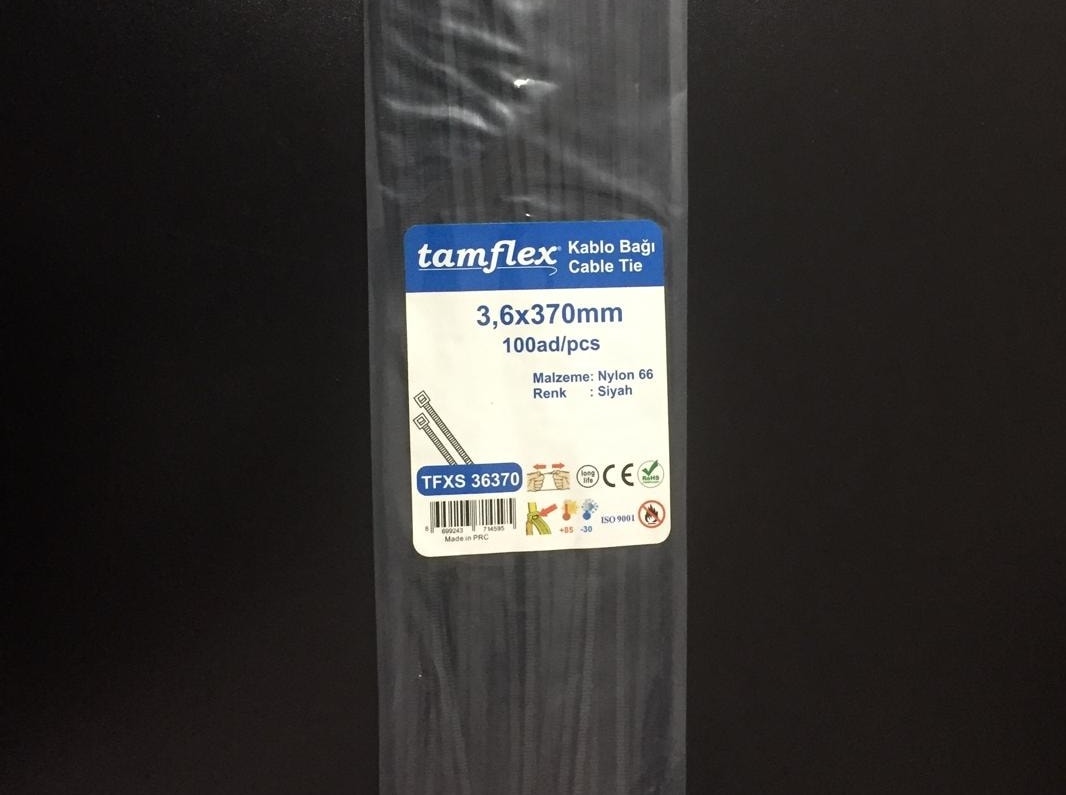 3.6 x 370 mm (37 cm) Siyah Renk Kablo Bağı Cırt Kelepçe