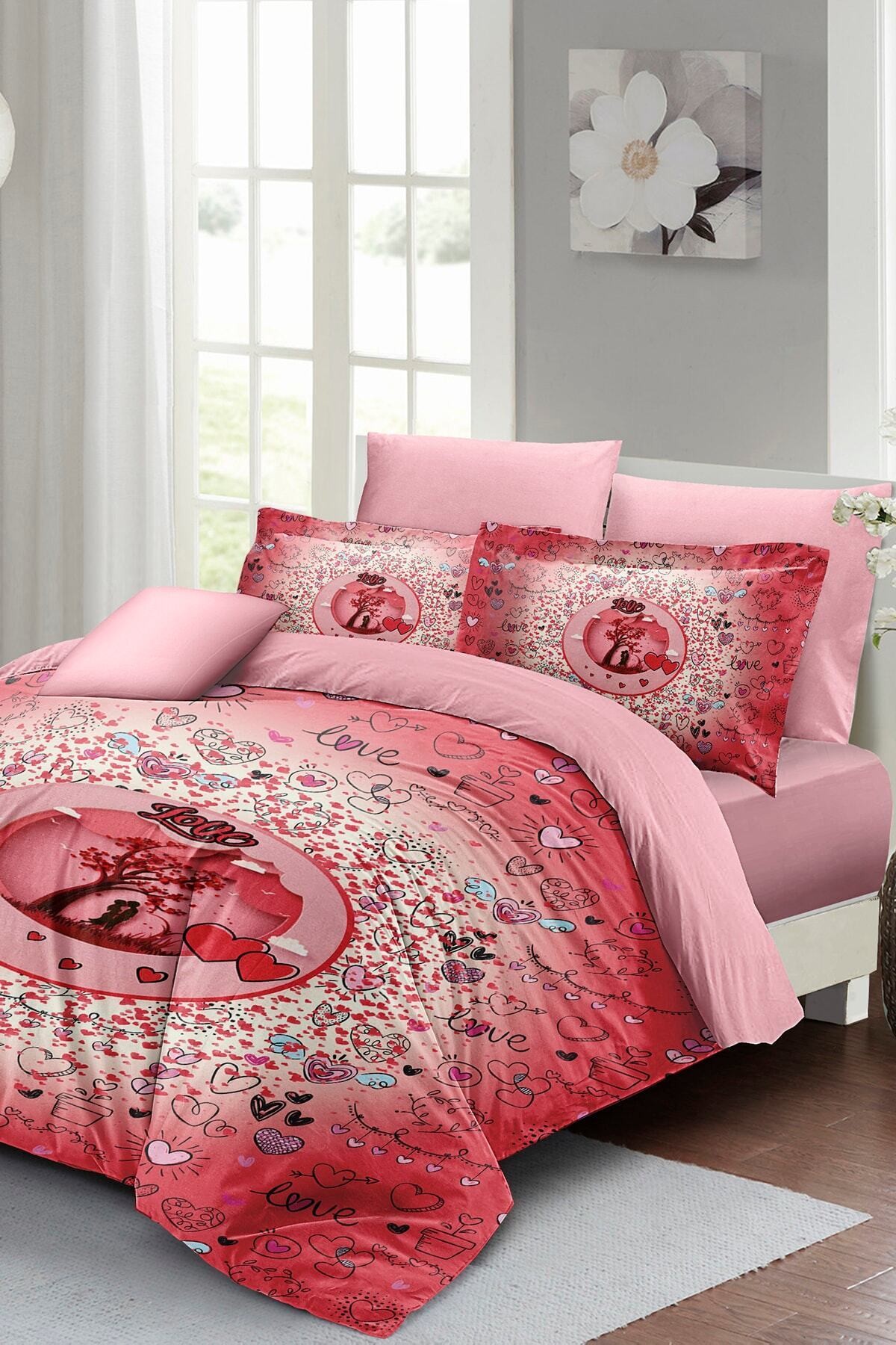 Kıng Sıze Sevgililer Günü Çift Kişilik Nevresim Takımı%100 Pamuk Saten Chart 220x240cm