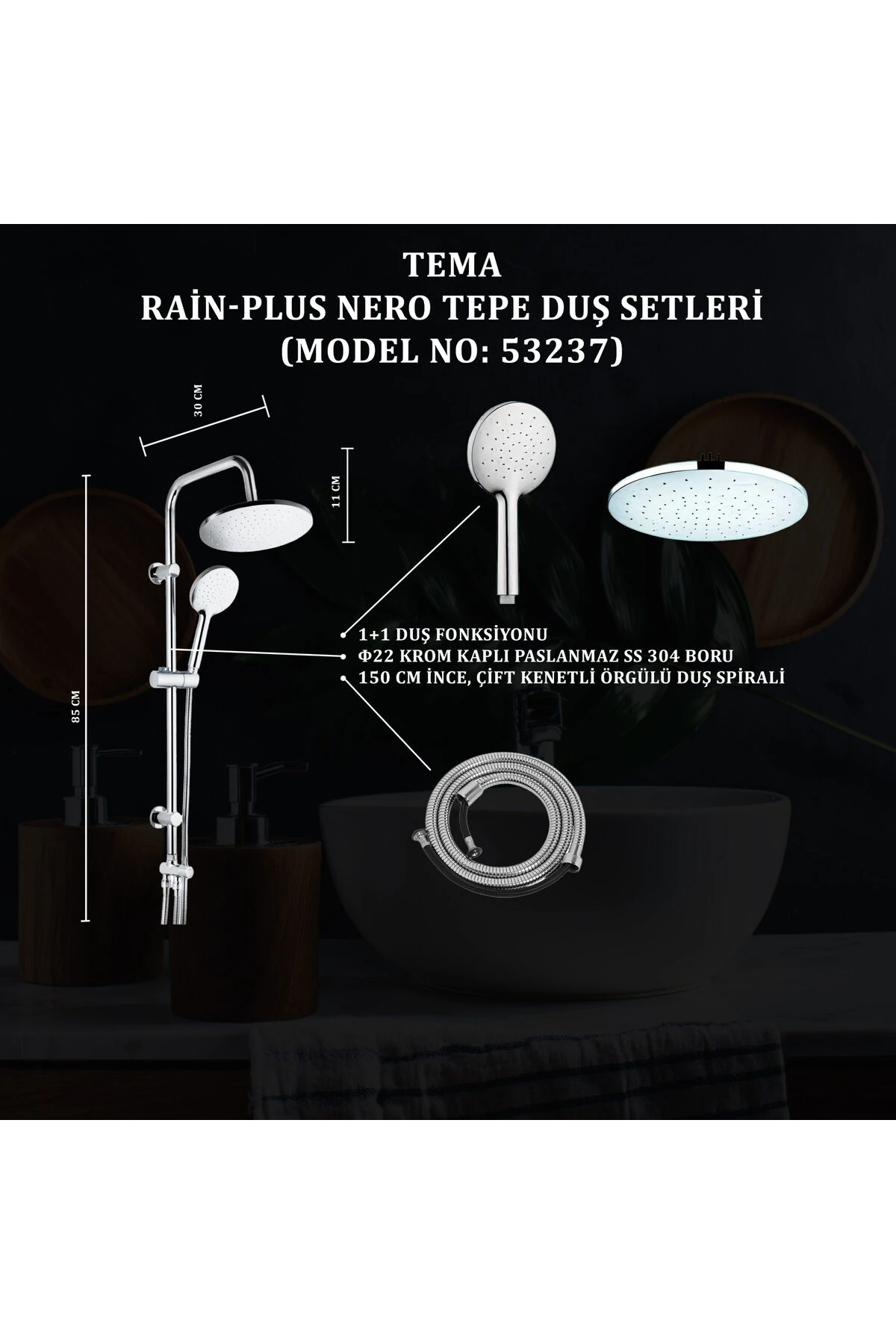 Rain-plus Nero Tepe Duş Setleri (MODEL NO: 53237)