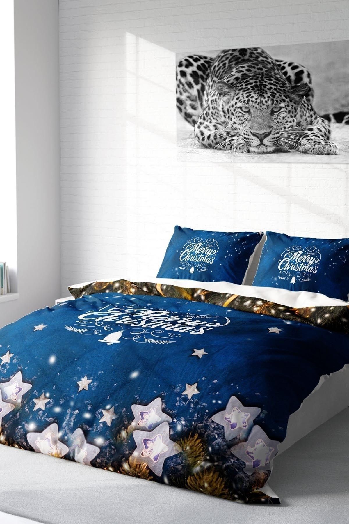 Yılbaşı Nevresim Takım %100 Doğal Pamuk Merry Christmas Çift Kişilik Blue Stars