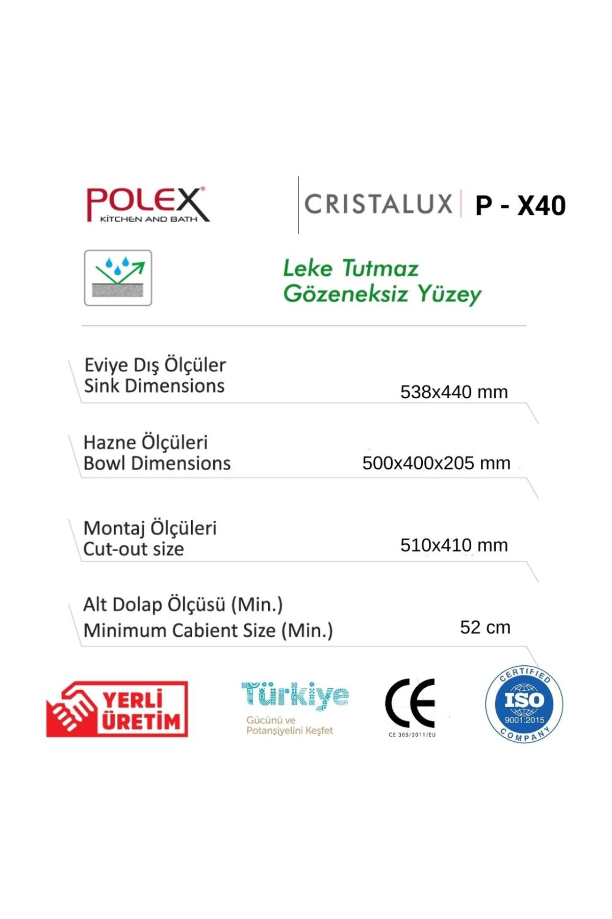 Cristalüx Granit Evye P-x40 Toprak Tezgah Altı Ve Tezgah Üstü Kare Mutfak Evyesi 53,8x44cm