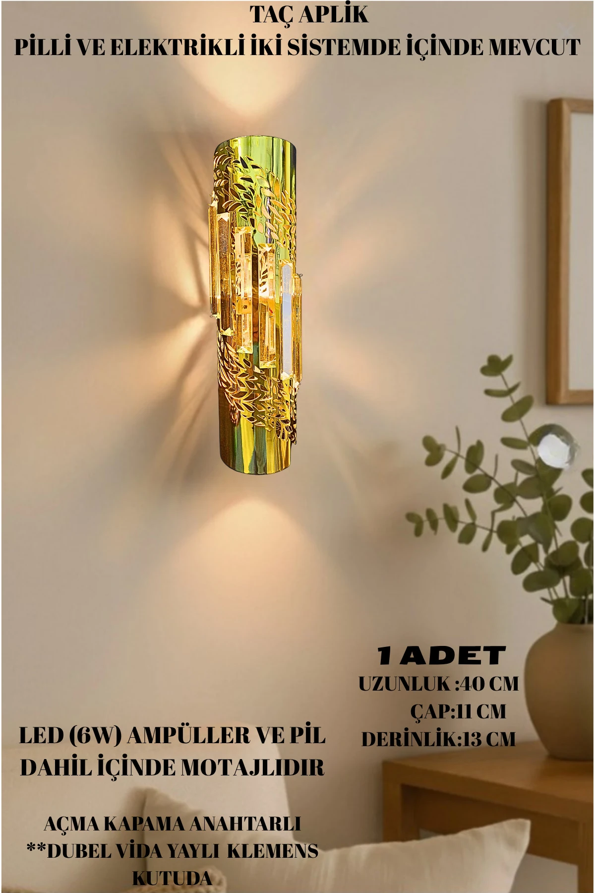 Taç Aplik Gold, Pilli Aplik, Anahtarlı, Pilli Elektrikli Ledli Duvar Aplik, Gece Lambası