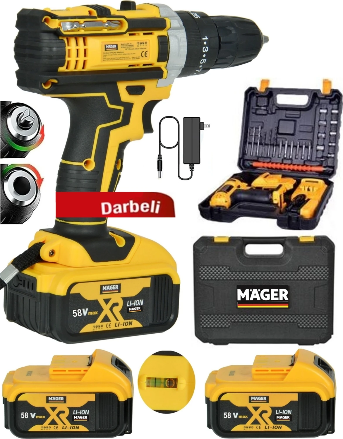 5 Pilli Akülü Vidalama Şarjlı Matkap 26 Parça Usta Setli Su Terazisi Göstergeli Akülü Şarjlı Matkap