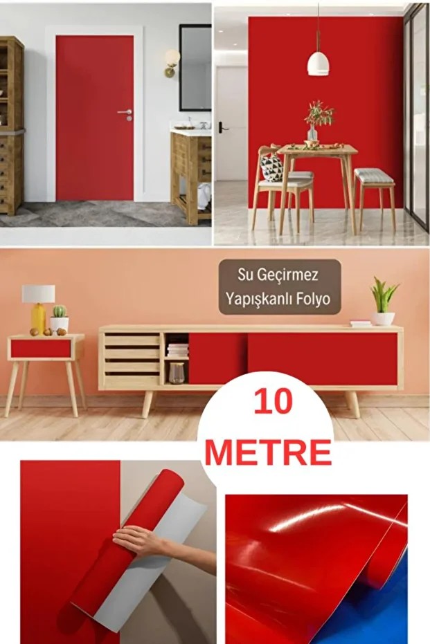 67cm x 10Metre 1 Adet Rulo Folyo Yapışkanlı Düz Kırmızı Mutfak Duvar Kaplama Folyosu Kağıdı