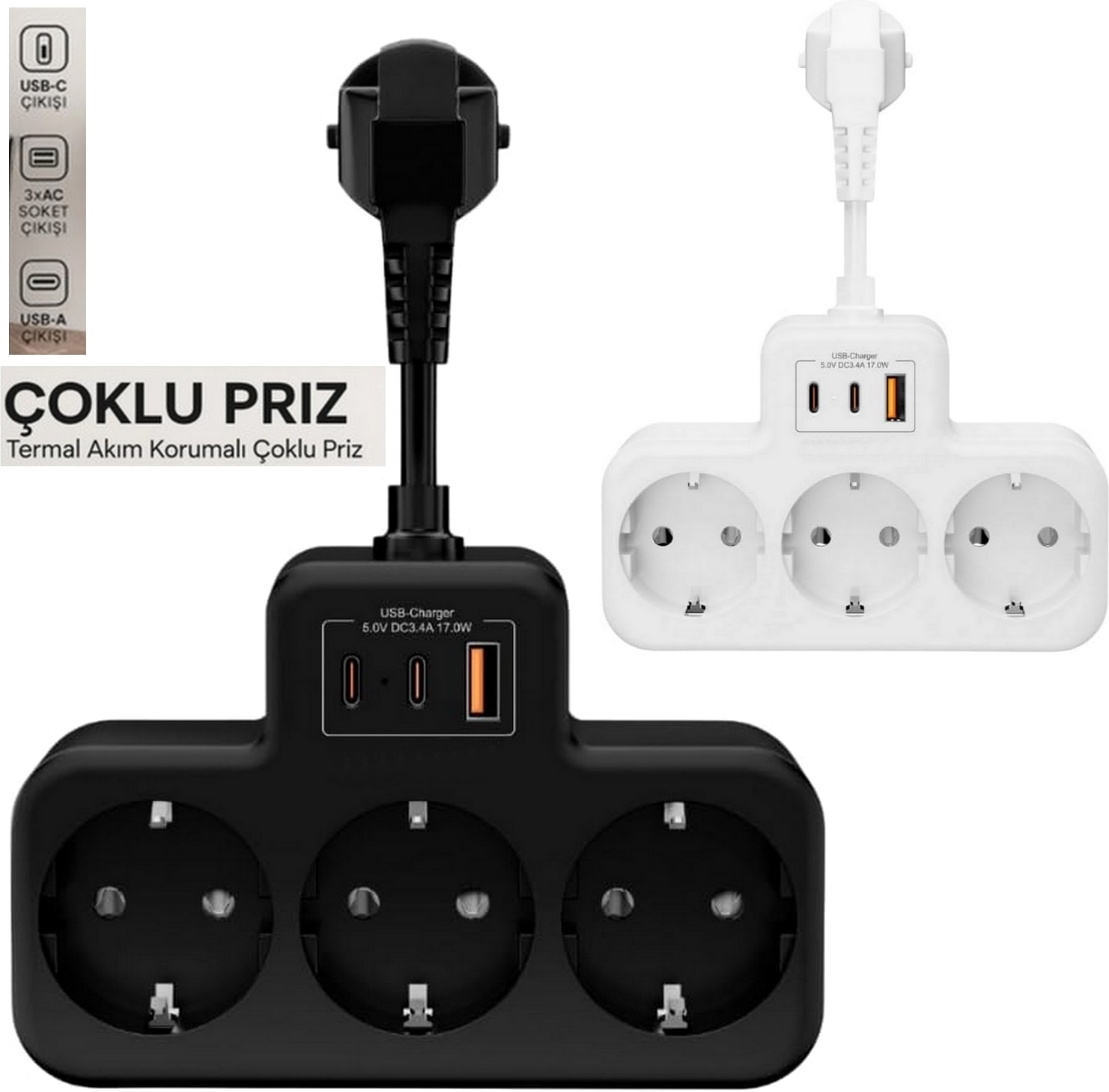 Beyaz Akıllı Priz Termal Korumalı 3 Prizli Çoklu Akım Prizi | 2 Usb-A + 1 USB - Korumalı Priz