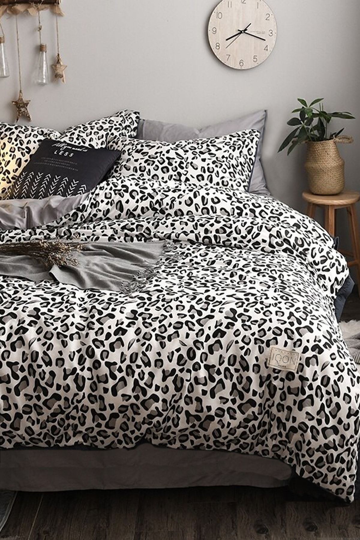 Lastikli Çarşaflı Nevresim Takımı Çift Kişilik Leopar Premium Cotton 64s