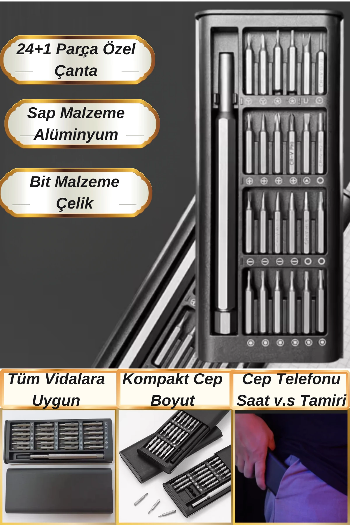 24+1 Parça Özel Taşıma Kutulu Kompakt Boyut Hassas Mıknatıslı Profesyonel Tornavida Seti