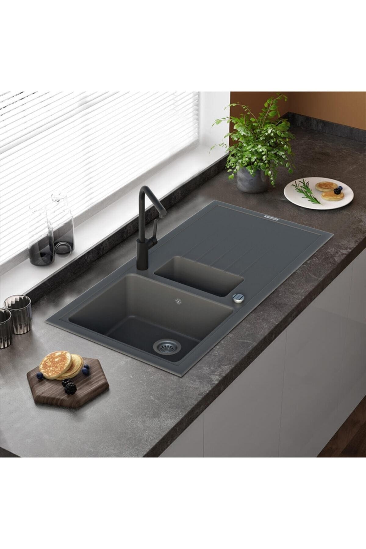 | | 1,5 Göz Antrasit 50x100 Cm Granit Evye Sifon