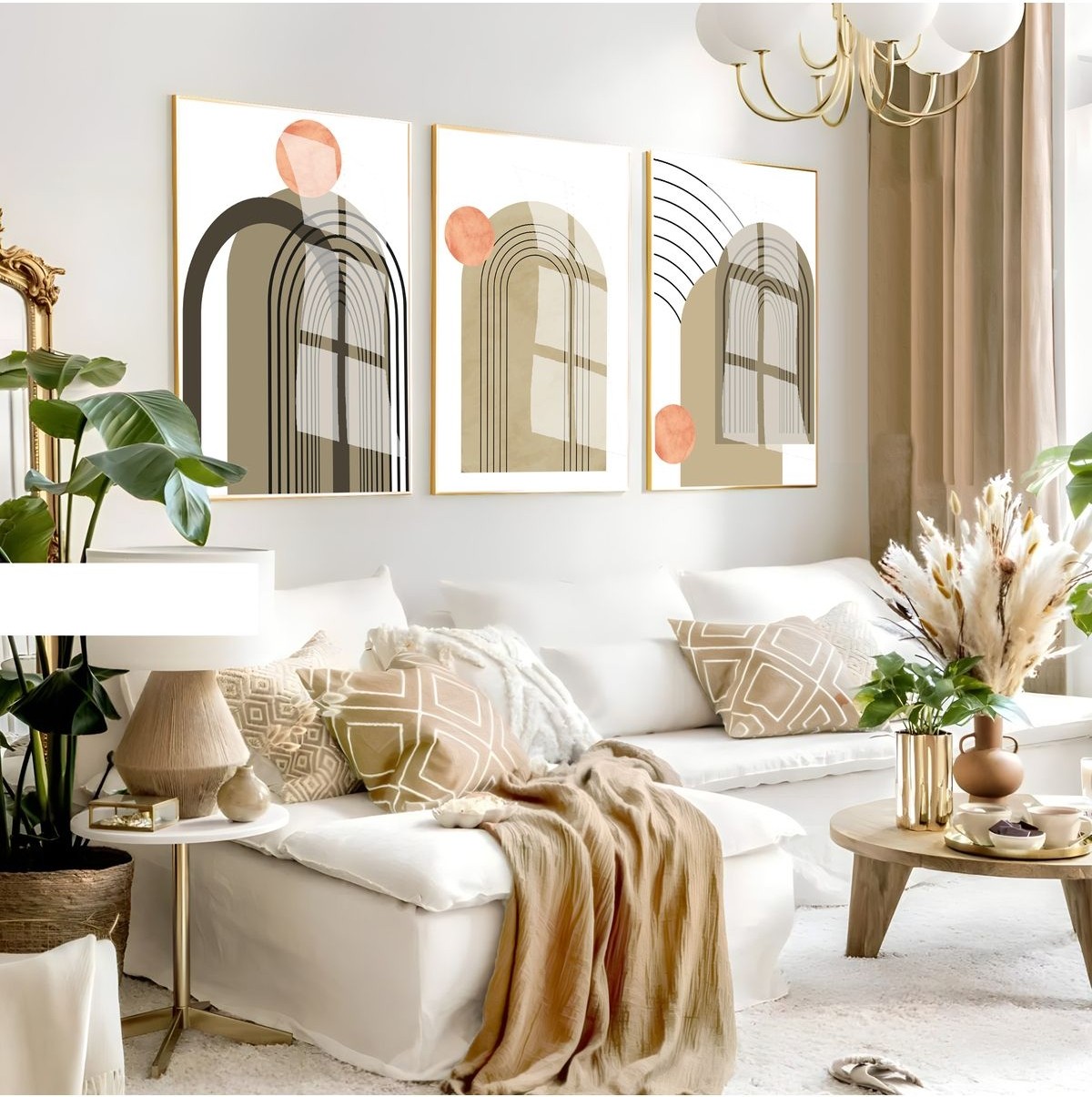 |yeşil-Kiremit-Bej Renk Yeni Bohem Set 36 Minimalist |çerçeveli Cam Tablo 3lü Dikey
