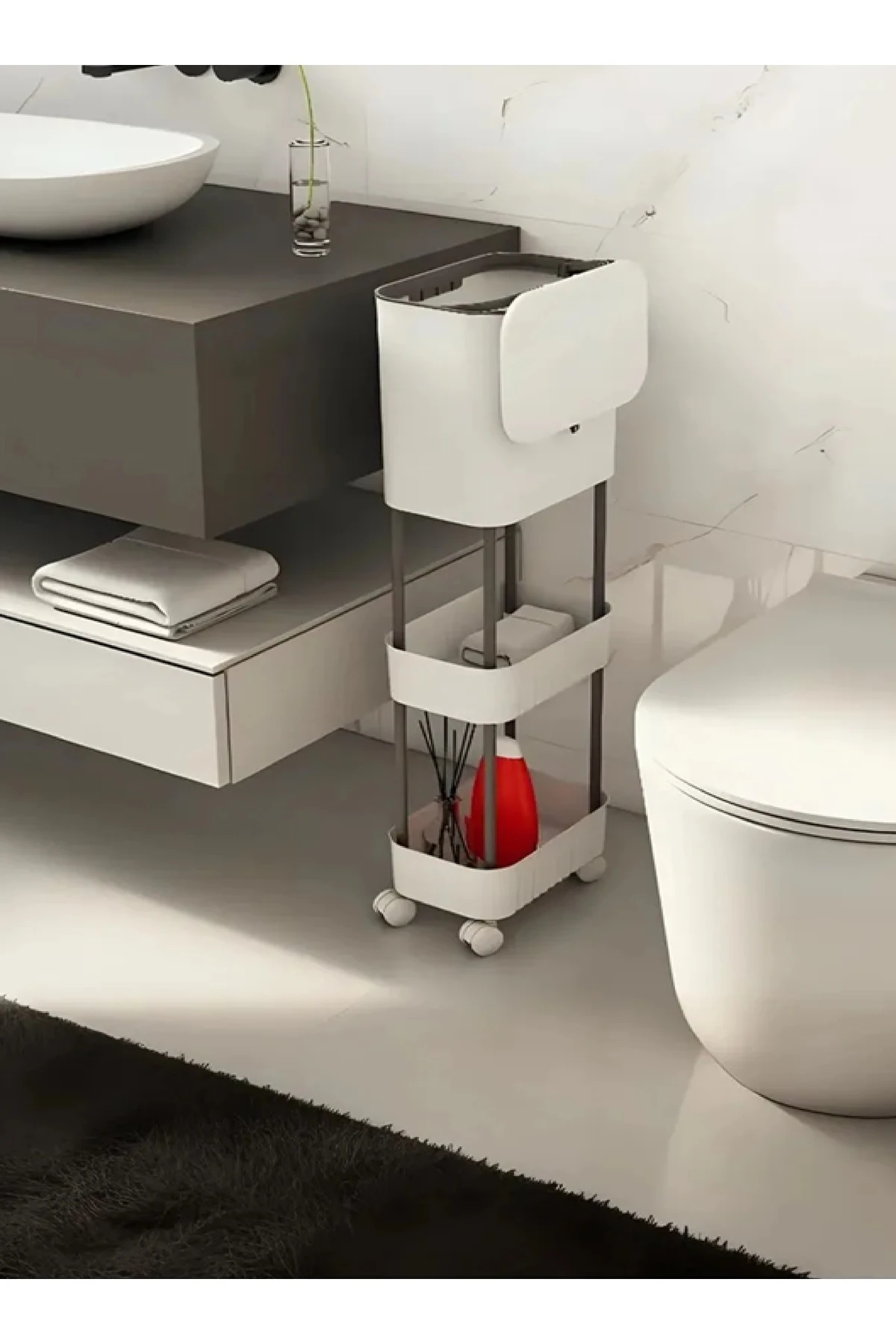 Beyaz 15 Litre Çift Raf Üniteli Tekerlekli Fonksiyonel Kapaklı Banyo Ve Mutfak Çöp Kovası Beyaz