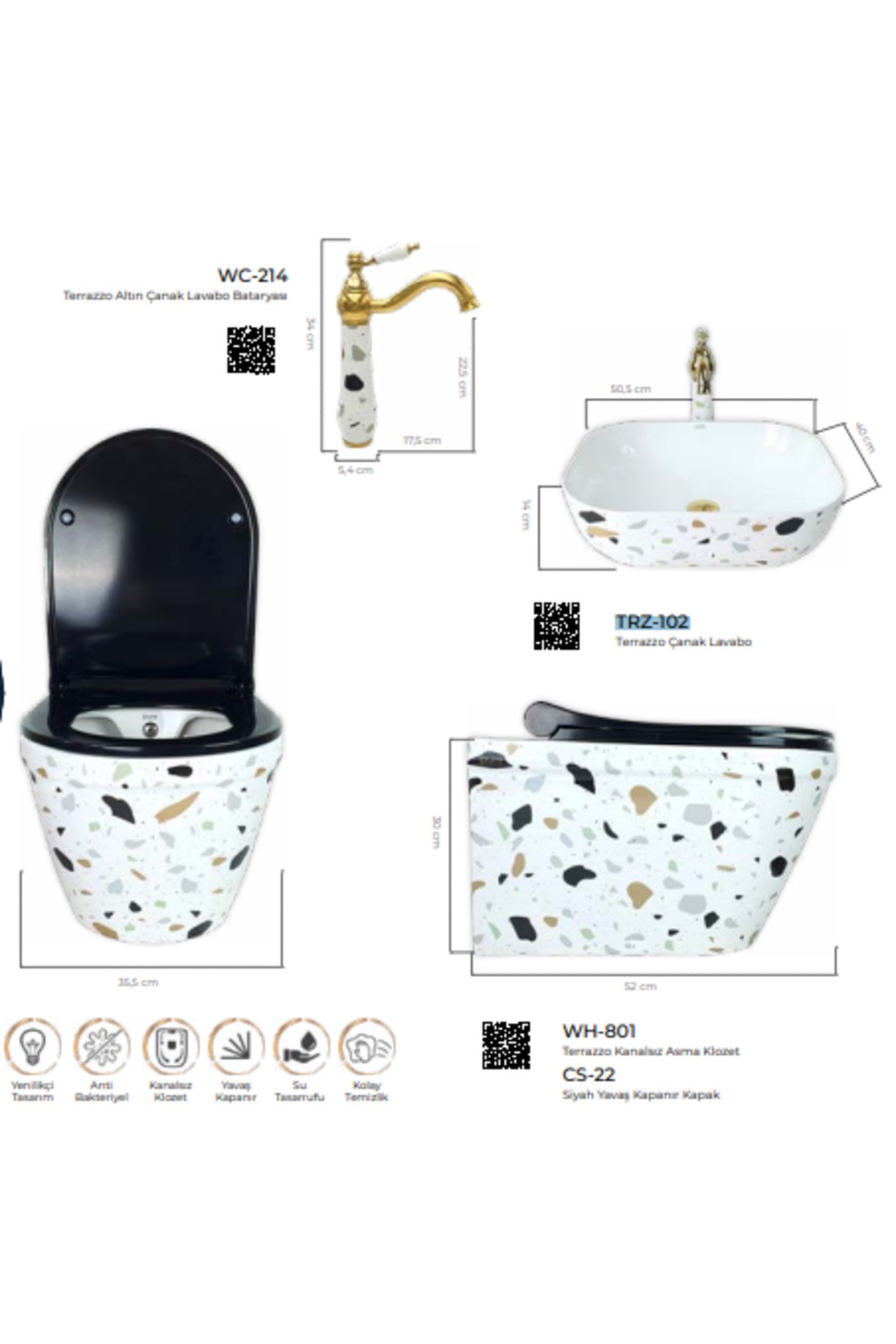 Pure Terrazzo Kanalsız Asma Klozet Wh-801+soft Kapak