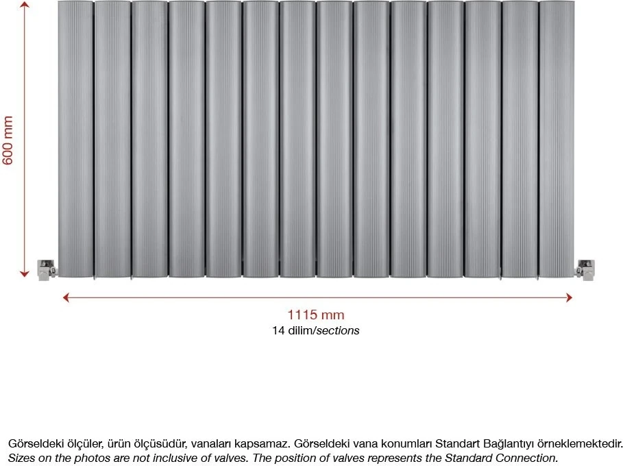 600 x 1115 mm Amber Yatay Gümüş Gri Alüminyum Radyatör Standart Bağlantı