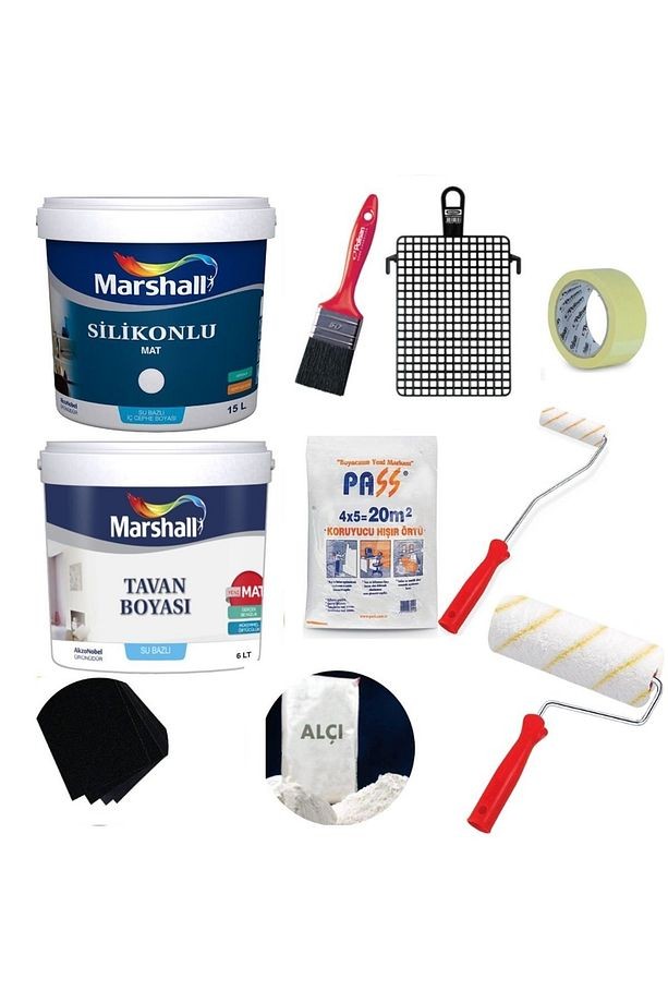 Silikonlu Mat Silinebilir Iç Cephe Boyası 17.5 Kg + Tavan Boyası 10kg + Boyama Seti